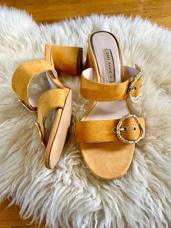 Zara Shoes - Zara block heel yellow sandal mules with buckle strap size 39